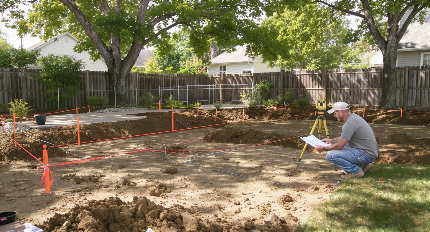 A suburban backyard mid-grading, with a homeowner using stakes and a laser level, soil mounds, marked areas, and lush greenery in bright daylight.