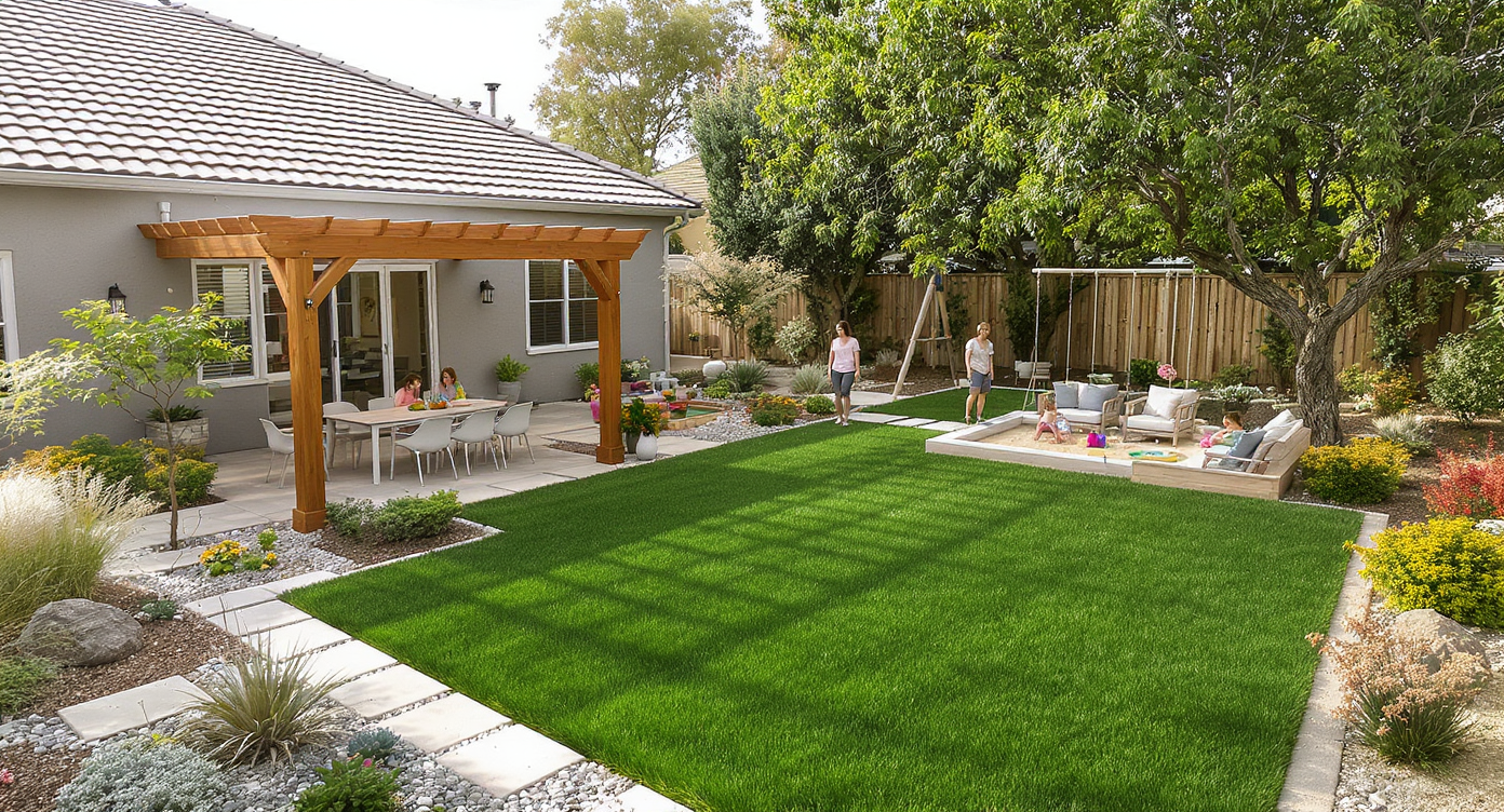 A sunlit backyard with green grass, wooden pergola dining area, child’s sandbox, mature trees, and family members enjoying the outdoors.