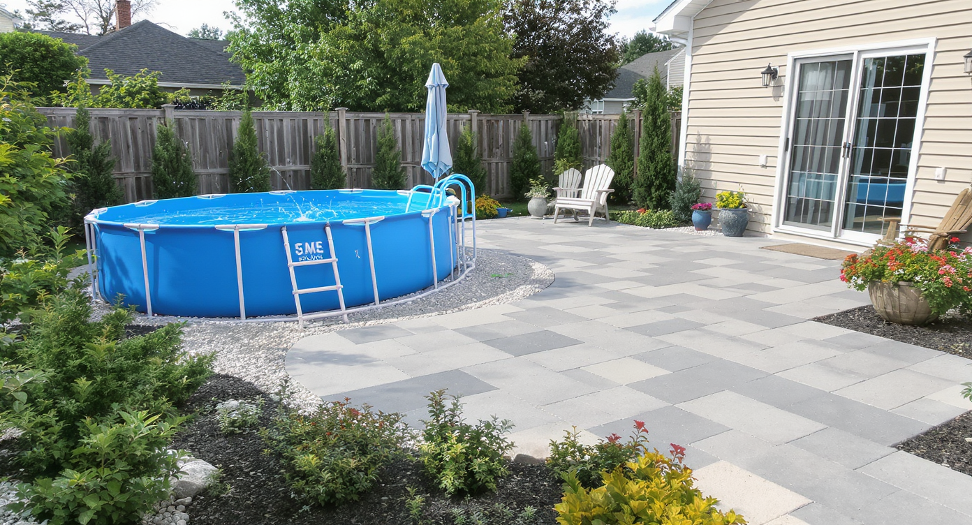 A compact family backyard with modular paver patios, a small above-ground pool, splash pad, spa, wooden deck, and gravel paths, shaded by trees. A parent watches two kids playing, all surrounded by simple landscaping and cozy, functional zones.