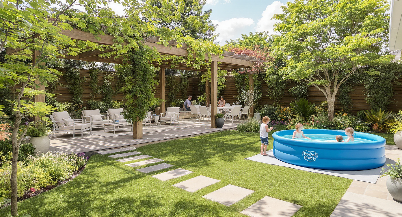 A lively, sunlit backyard displays a shaded pergola, flexible seating, a pop-up pool, and airy paths that encourage movement and family activities.