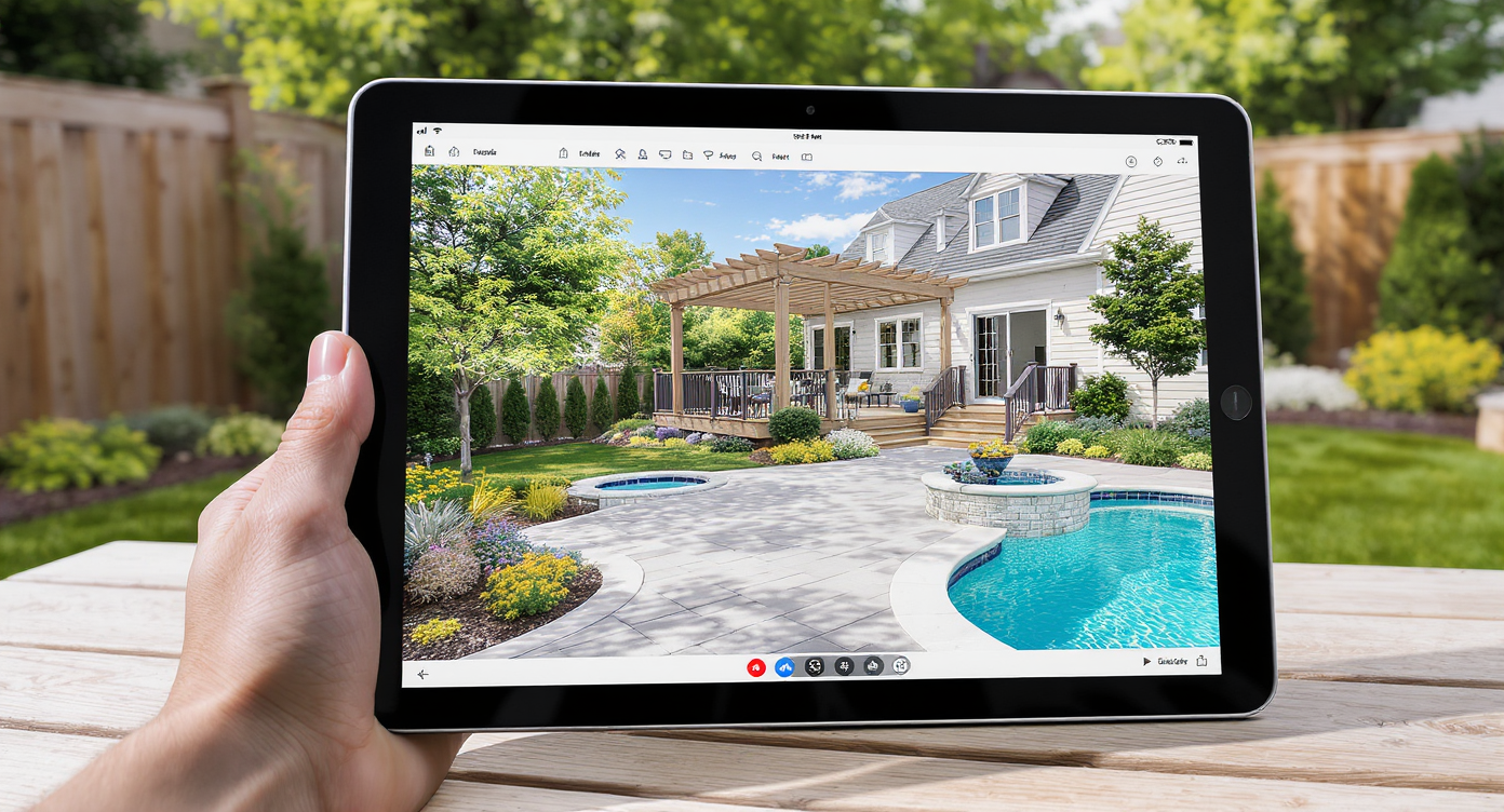 A family and landscape designer review a realistic 3D backyard design on a tablet outdoors, showing patios, shaded pergola, and pool layouts with sun and shade overlays.