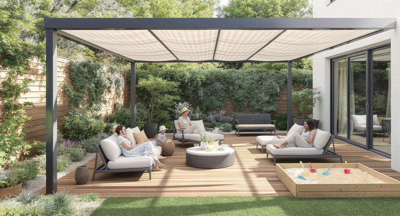 A sunlit backyard with a modern pergola and retractable canopy, featuring movable seating, green turf, vines, potted plants, and a family enjoying play and relaxation.