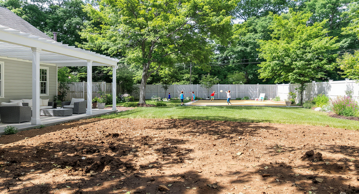 A wide, sunlit backyard with bare soil, hints of new grass, a shaded pergola with family seating, children playing, and a lush forest view.