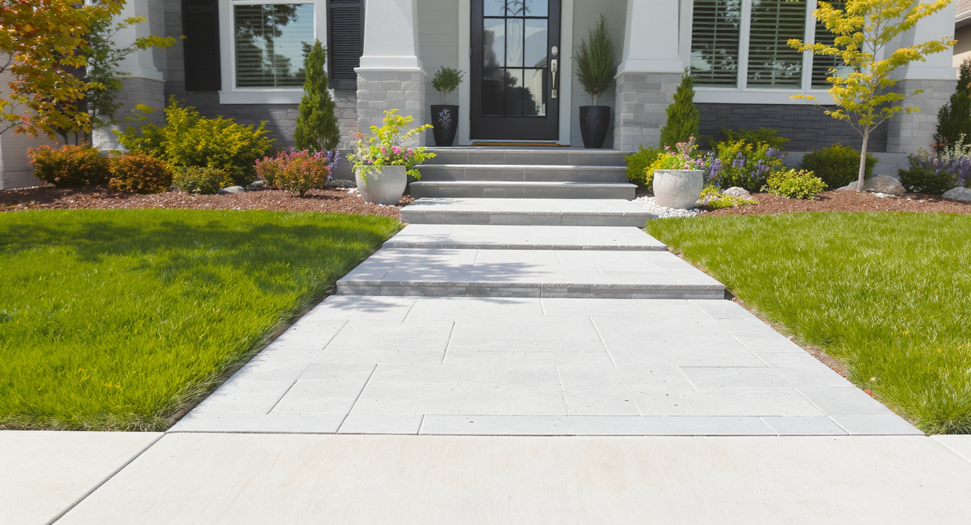 A homeowner waters young plants in a newly restored front yard, featuring a clean walkway, fresh mulch, and bright greenery on a sunny day.