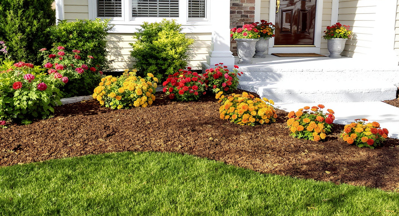 Freshly mulched suburban front yard with clustered annual flowers, even topsoil, clean walkway, and neat porch amid natural daylight.