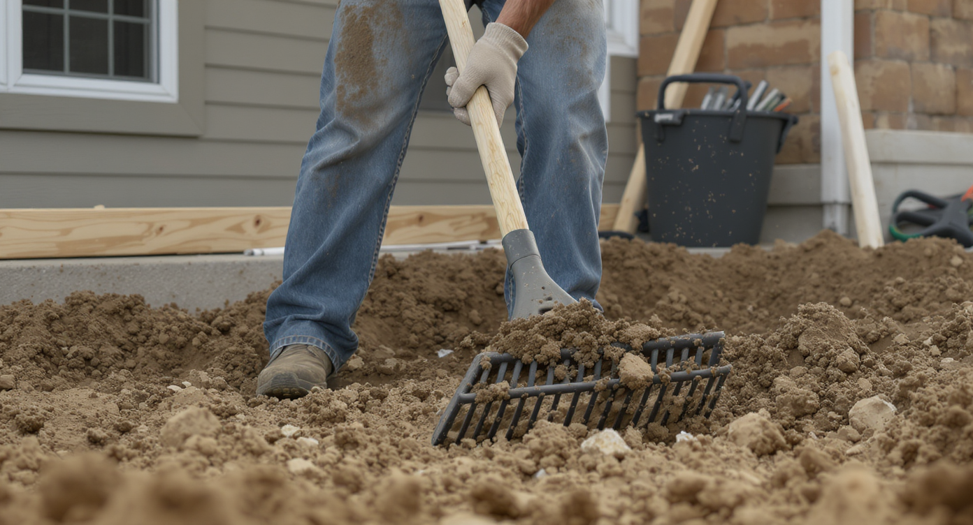 A homeowner rakes muddy soil in a front yard post-construction, clearing rocks and breaking up clumps on an overcast day. Gardening tools and house siding are visible.