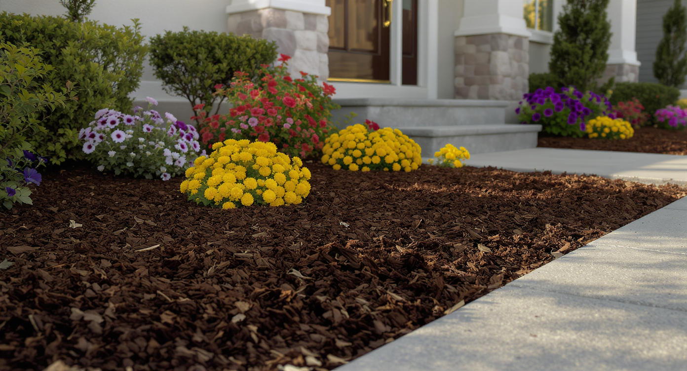 A newly refreshed front yard after construction features dark mulch, colorful yellow and purple flowers along a walkway, and tidy concrete steps.
