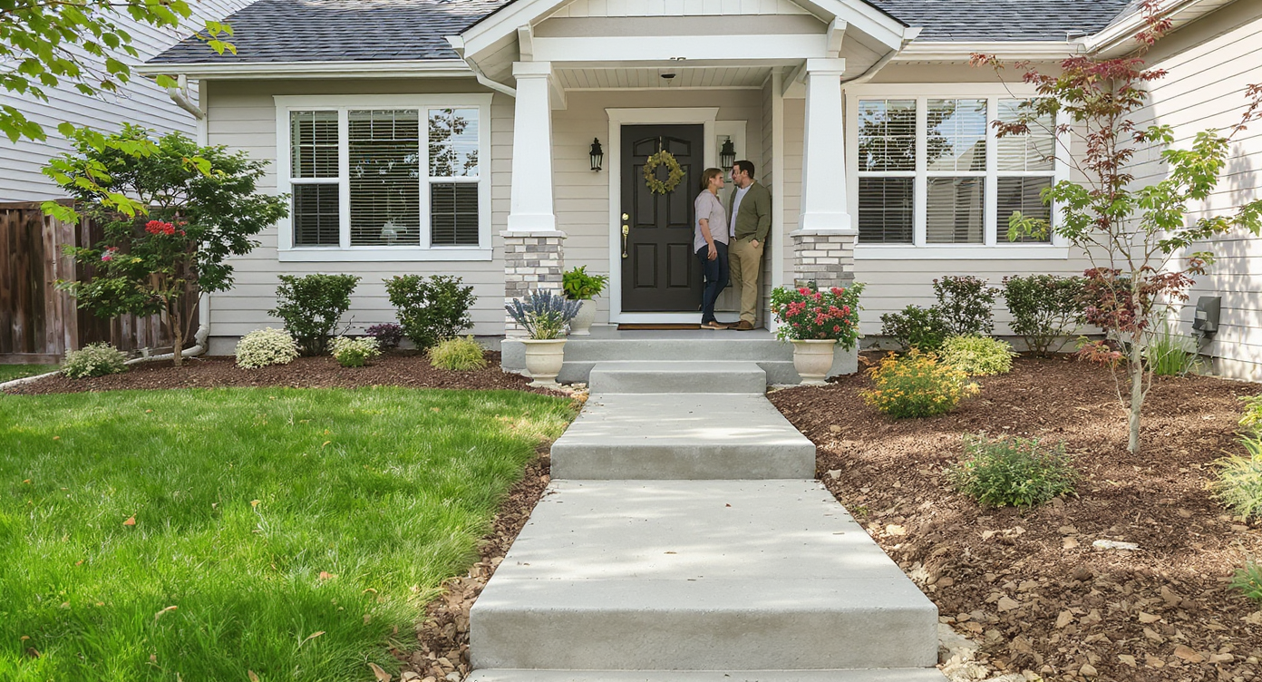 Front yard after construction with a new concrete path, potted plants, fresh mulch, patchy lawn, and two people discussing curb appeal.