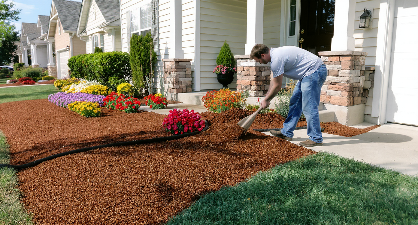 A clean, freshly mulched front yard with emerging green grass, clusters of colorful annuals, and a homeowner adding mulch along a new walkway.