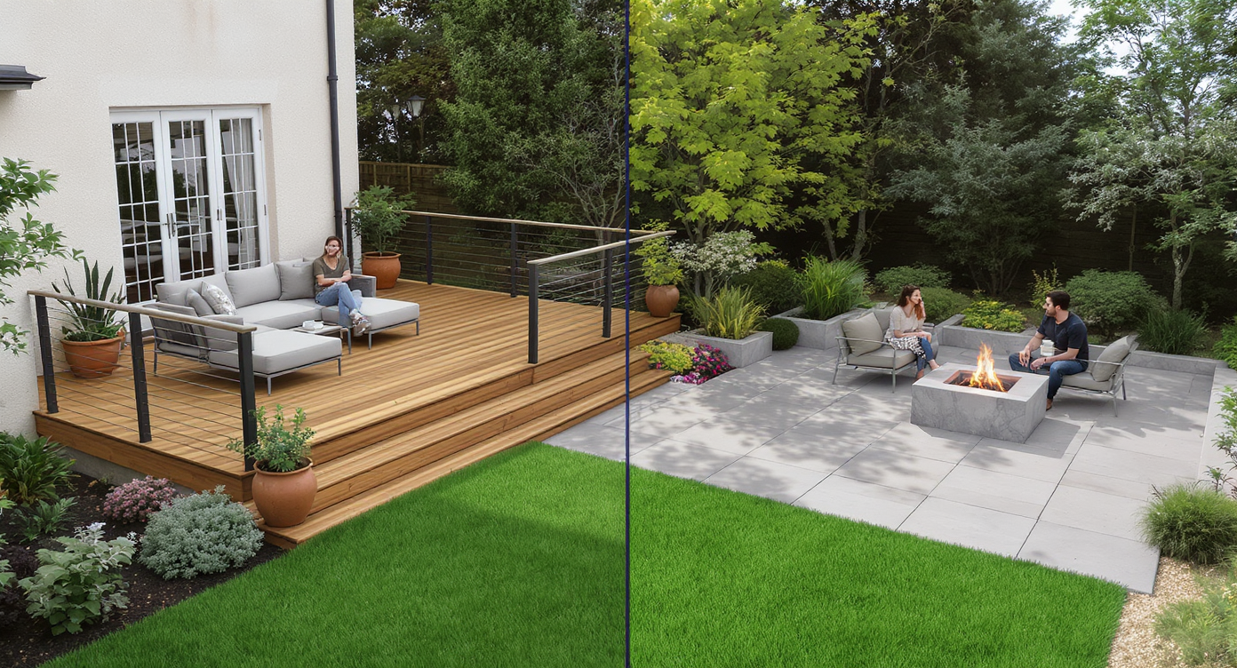 A backyard shows a raised wooden deck with lounge furniture on one side and a stone patio with a firepit on the other, both surrounded by greenery.