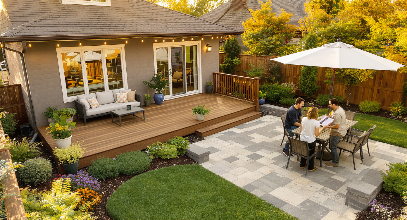 A sunlit backyard showcases a raised wooden deck with lounge seating beside a stone patio with dining area, surrounded by greenery. A couple and designer consult over materials, conveying real-life outdoor upgrade decisions.