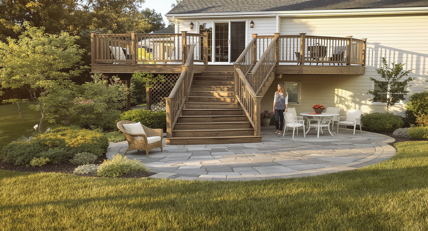 A suburban home’s front view featuring a wooden deck with aged railings beside a modern stone patio, both framed by lush landscaping.