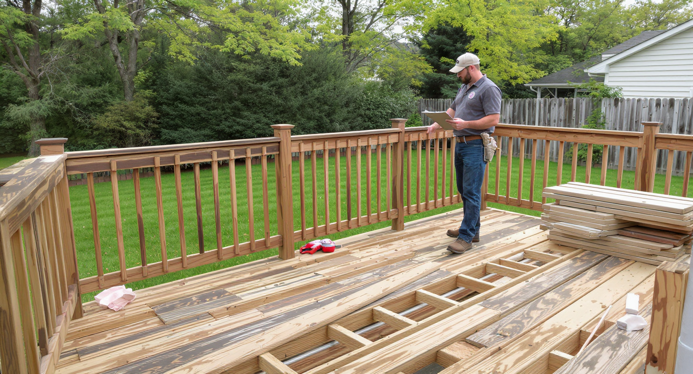 A home inspector examines an old backyard deck, revealing weathered support beams and missing planks, highlighting structural concerns in sunlight.