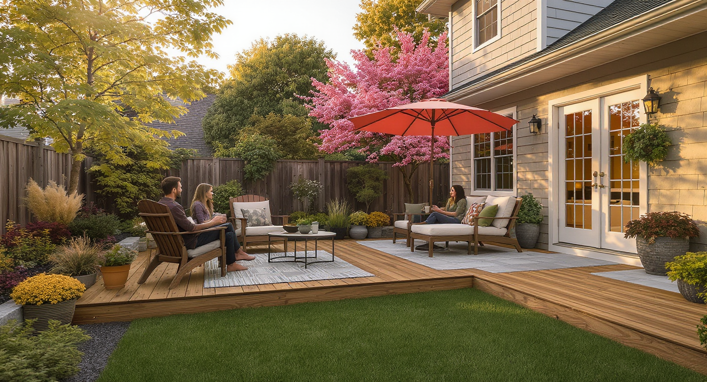 Inviting backyard illustrating a split between a wood deck and a stone patio, each styled with seating and greenery at sunset, evoking choice.