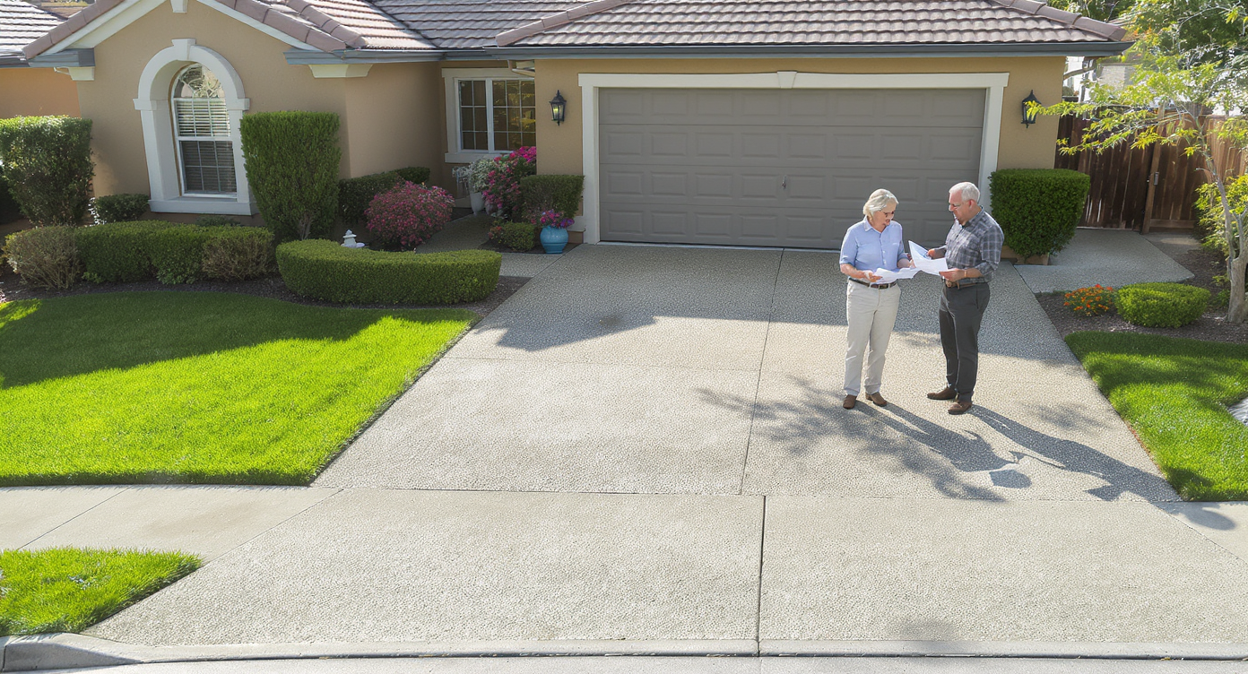 Two homeowners review driveway replacement quotes on a sunlit, textured concrete driveway in front of a well-kept suburban home, with lush landscaping and natural colors.
