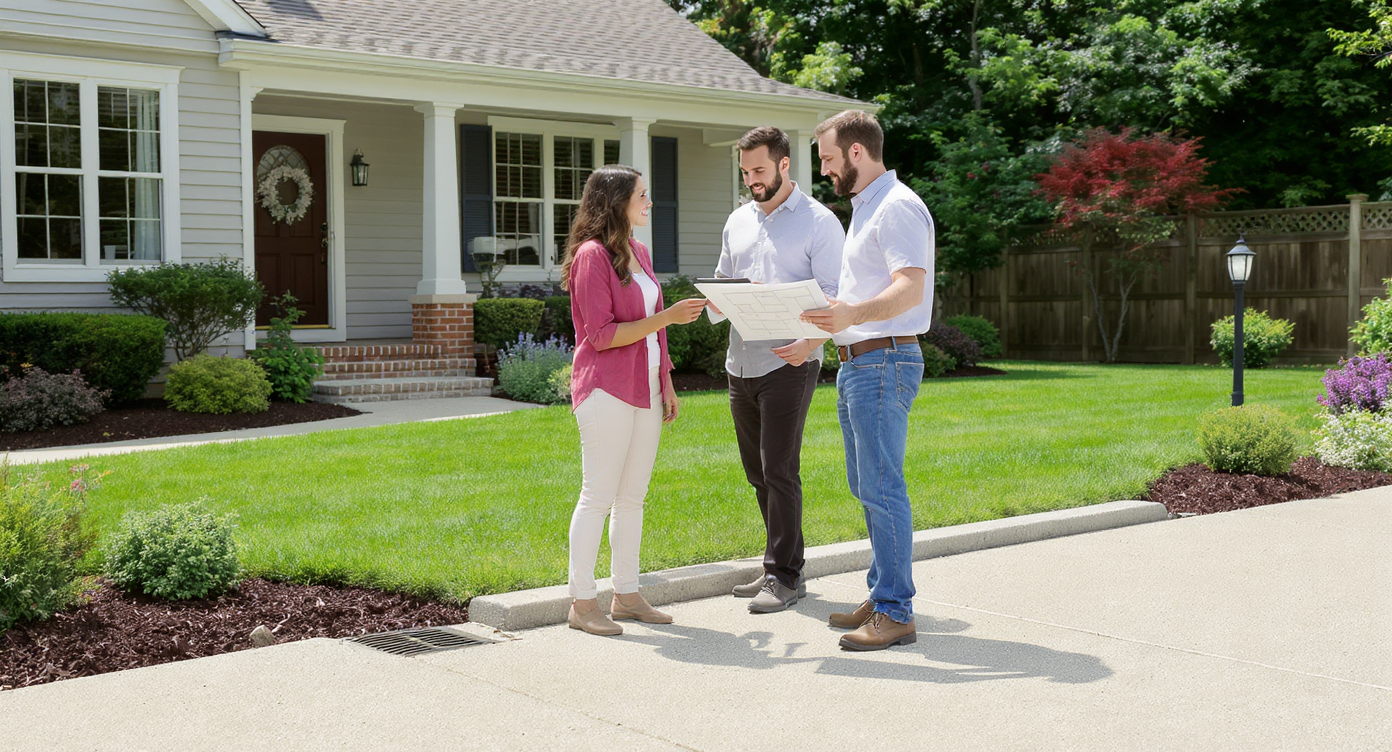 A contractor shows homeowners digital driveway and landscaping plans beside a narrow concrete driveway bordered by grass and garden beds.