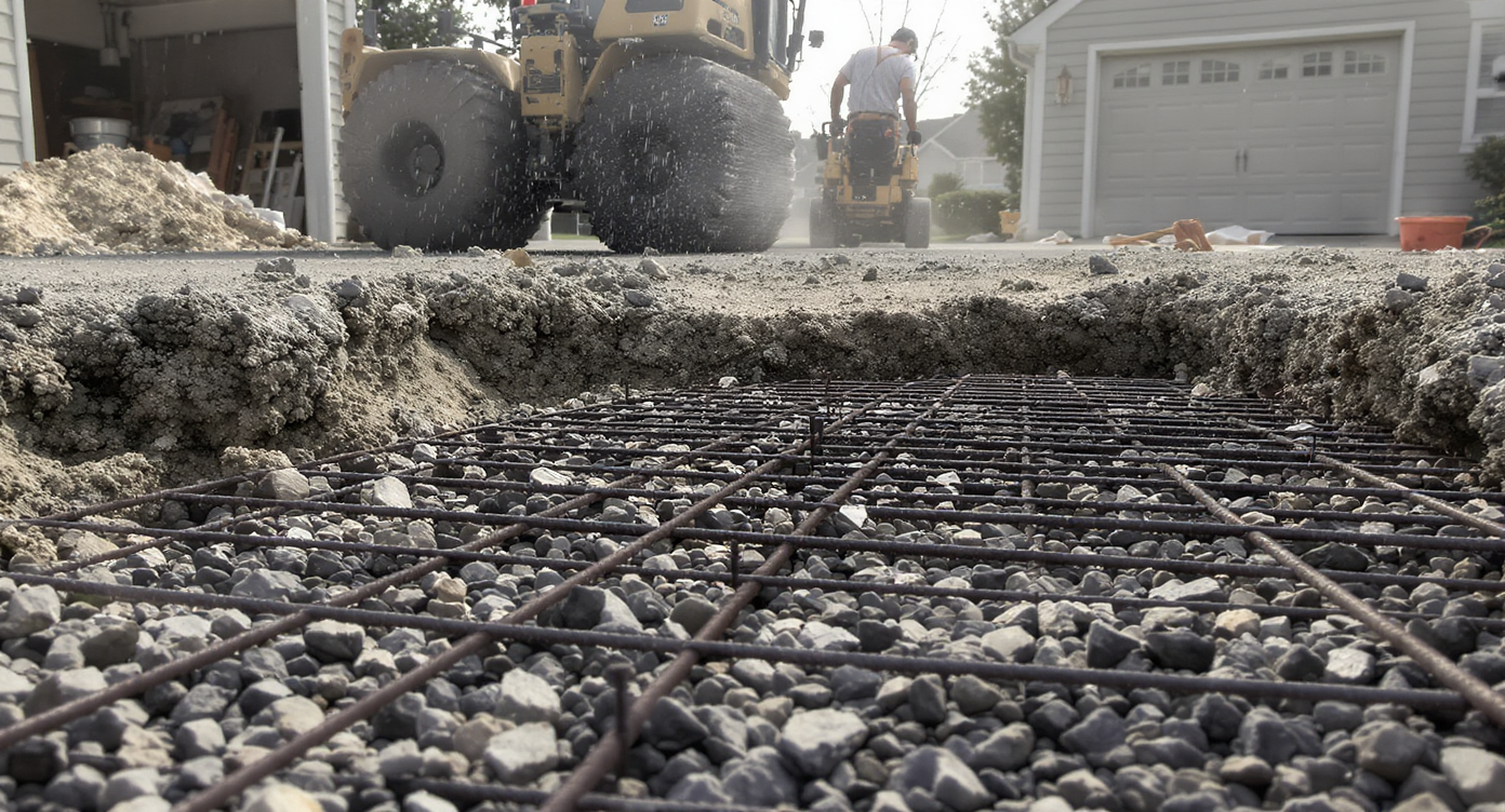 A partially replaced driveway with compacted gravel, aligned rebar, and two workers preparing for new concrete, under natural daylight.