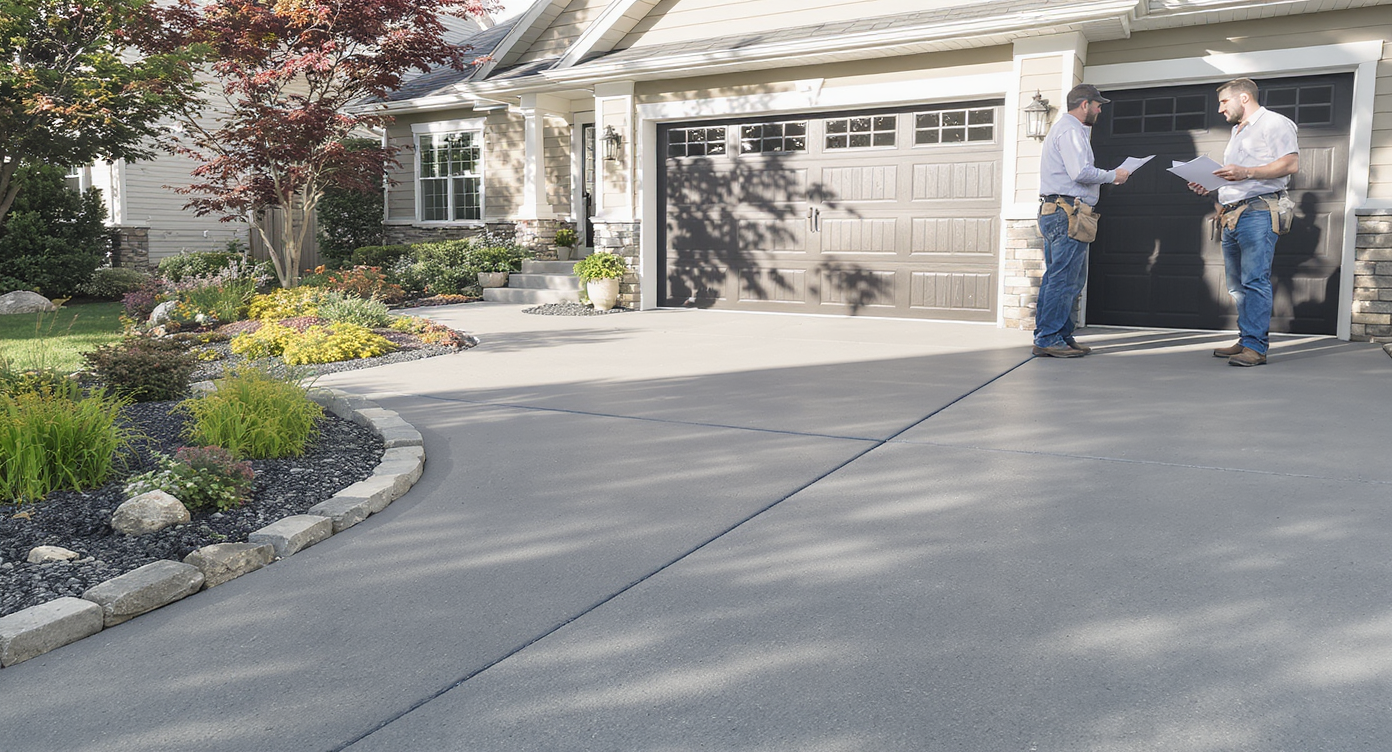 A contractor and homeowners review driveway plans on-site, highlighting different concrete thicknesses, rebar, and material details.