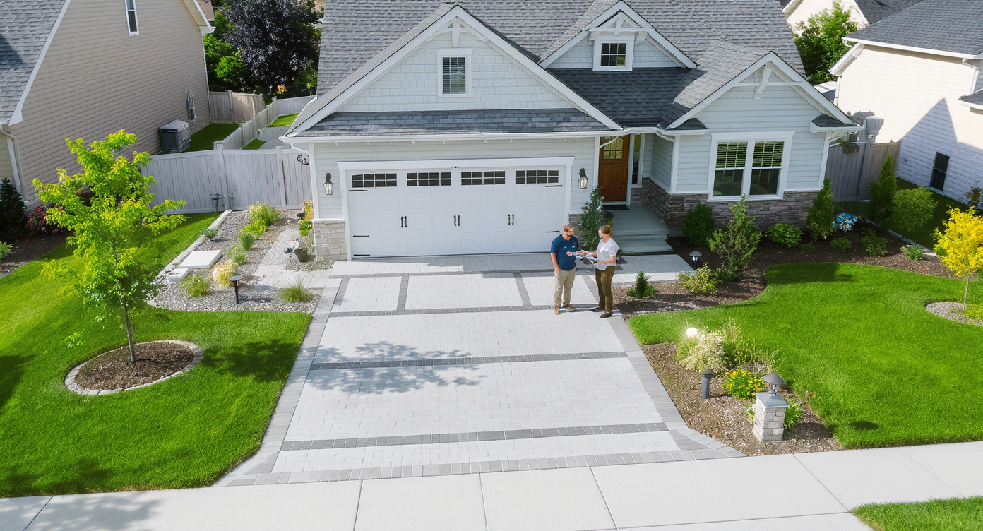 Two homeowners review AI-generated driveway and landscaping options with a designer on a tablet, surrounded by real stone, grass, and plants.