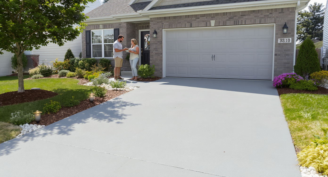A couple reviews a contractor's quote in front of a freshly installed concrete driveway, framed by neat garden beds and modern lighting.