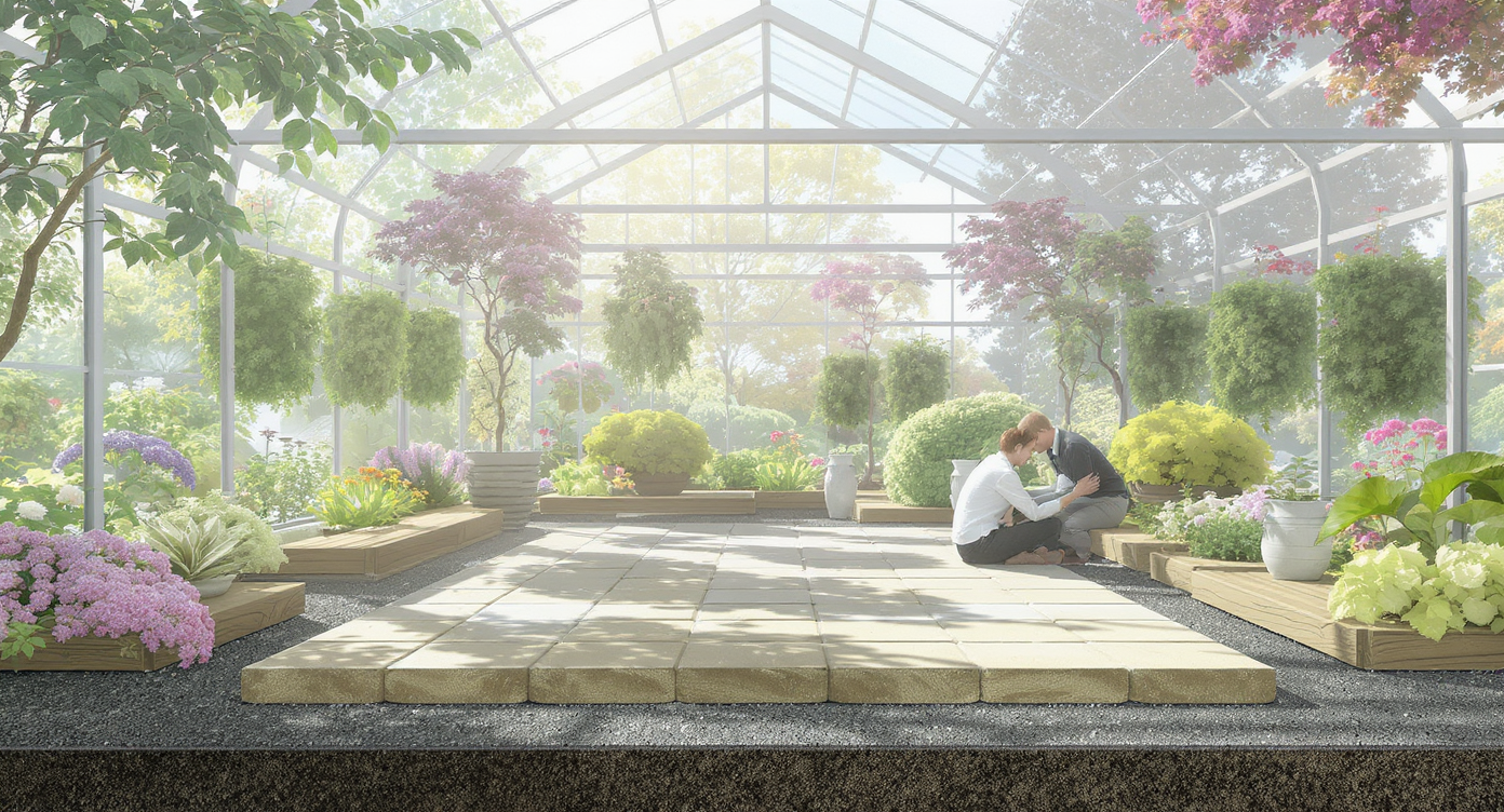 Greenhouse interior with layered gravel, sand, and paver floor section, natural sunlight, lush plants, and a homeowner checking soil moisture.