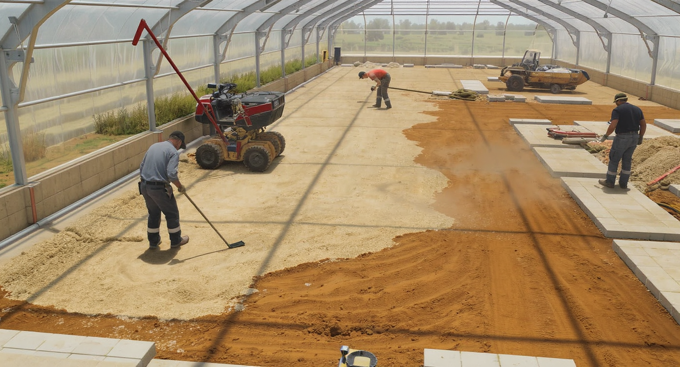 Greenhouse floor under installation, displaying layered gravel, sand, and geo-fabric; DIY errors like uneven compaction, exposed weeds, and missing edge restraints are shown.