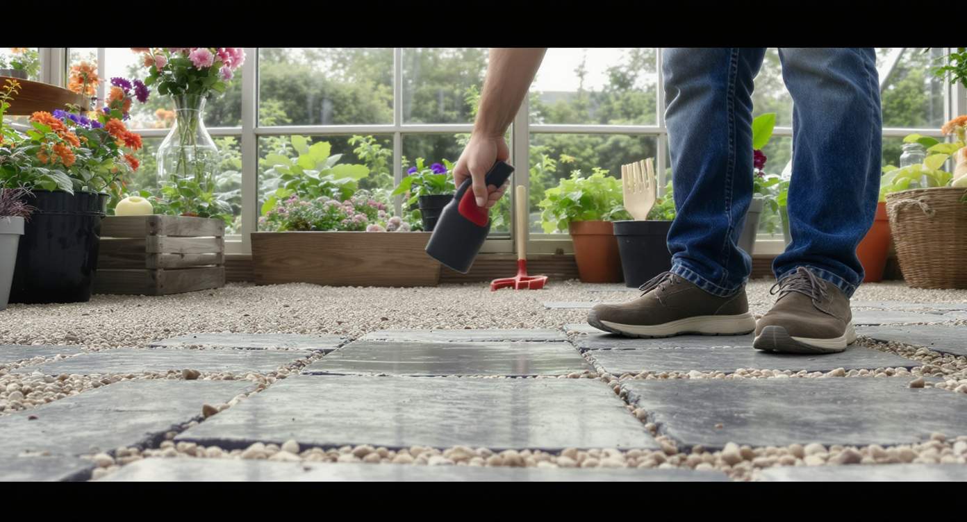 Daylit home greenhouse interior shows a cross-section of paver floor layering gravel and sand beneath slate, with plants and a homeowner inside.