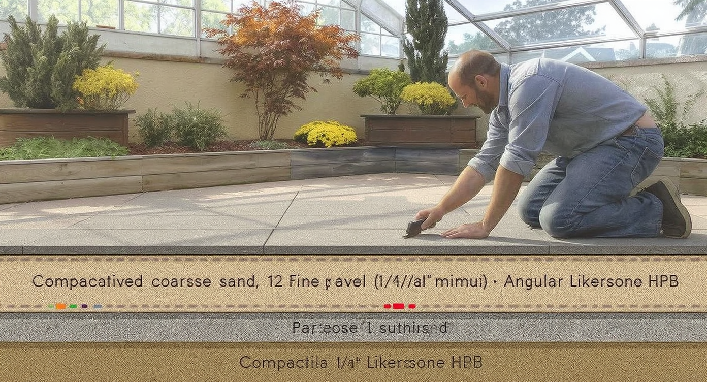 Greenhouse interior with daylight streaming in, showing side-by-side sand, gravel, and HPB paver bases, homeowner kneeling to level a paver.