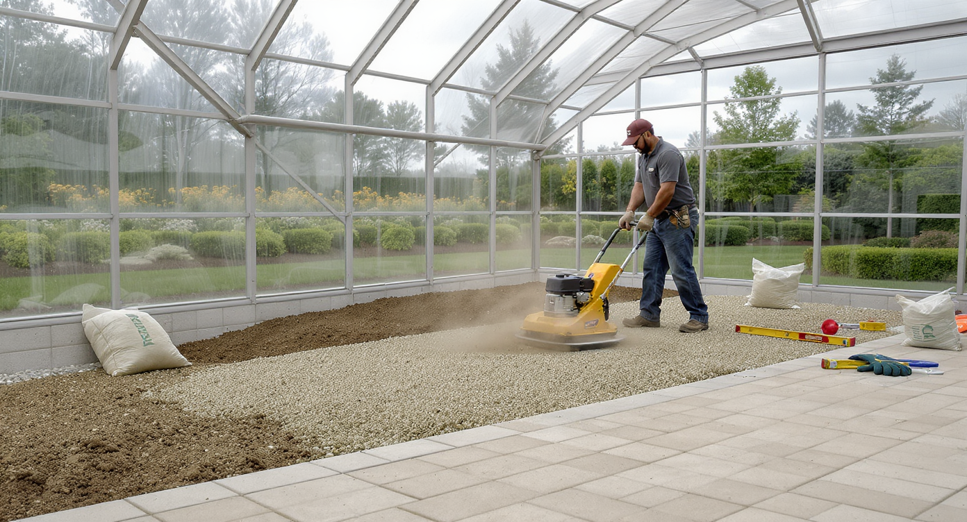 Landscape designer compacting gravel in a greenhouse floor, showcasing step-by-step paver base preparation, tools, and natural daylight.