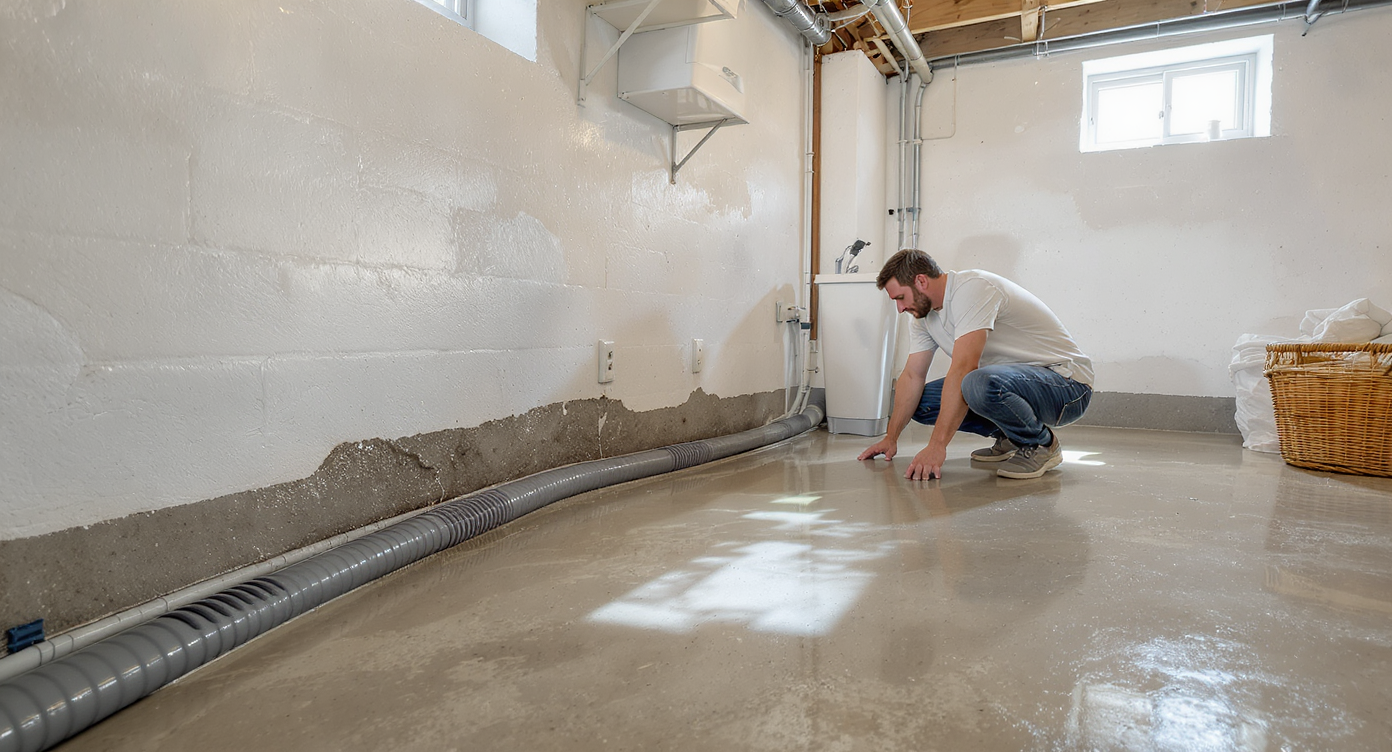 A modern basement with white walls, concrete floors, and a visible French drain where water is pooling. A worried homeowner kneels nearby, inspecting the drainage system in natural daylight.