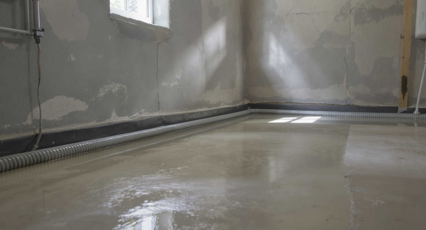 A realistic basement with concrete floors and exposed walls, showing a French drain along the edge containing a pool of clear standing water.