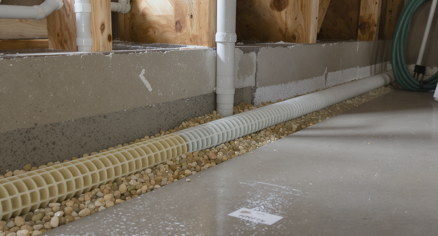 Well-lit basement utility room with exposed concrete floor, a French drain system along the wall, gravel trench, and clear, realistic pipe details.