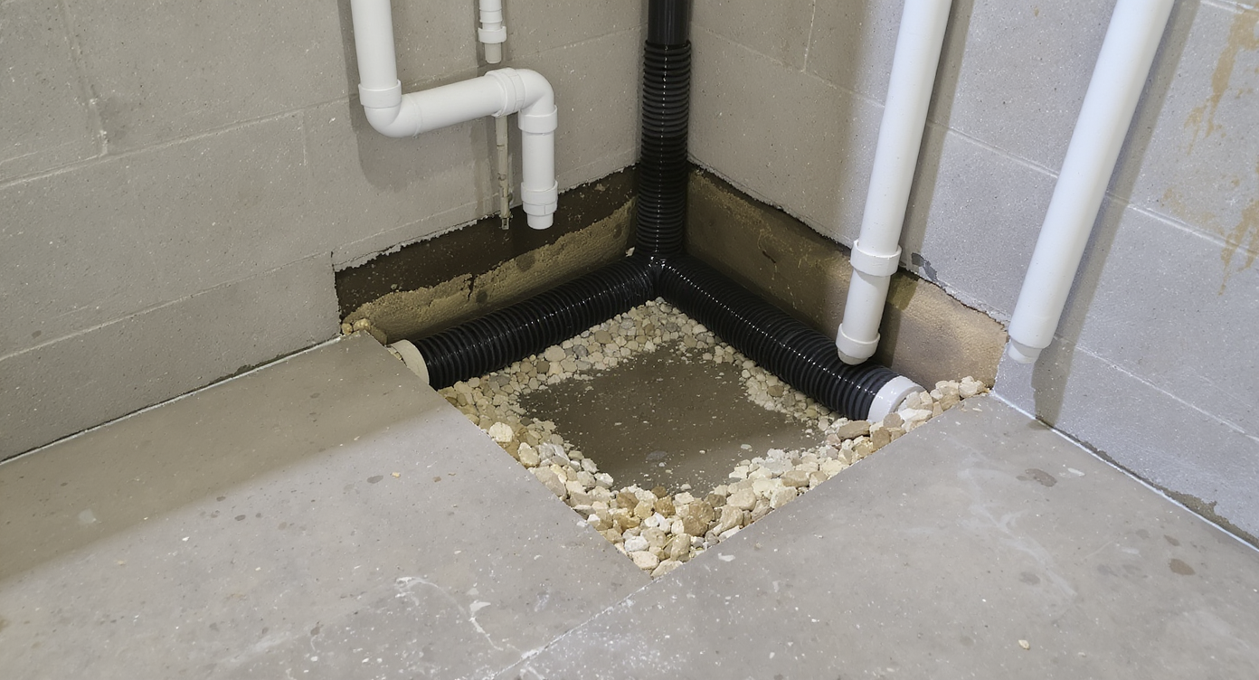 A bright, realistic finished basement corner with a cutaway floor exposing French drain pipes, showing standing water and misaligned joints.