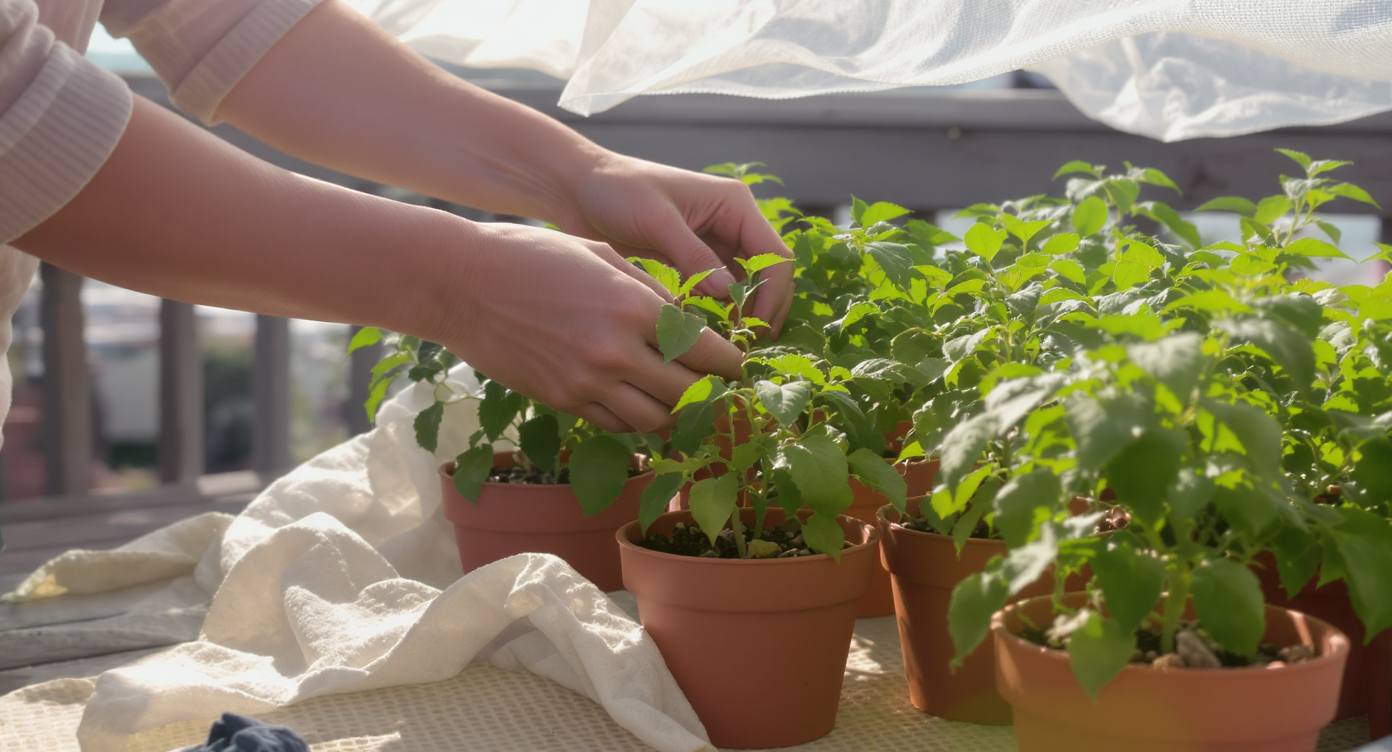 A person sets potted tomato seedlings on a shaded urban deck, partially covered by sheer fabric, with natural wood and city views in sunlight.