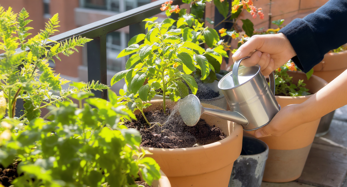 Urban balcony garden with young Tumbler tomato seedlings in ceramic pots, a person watering carefully, and tomato fertilizer visible nearby.