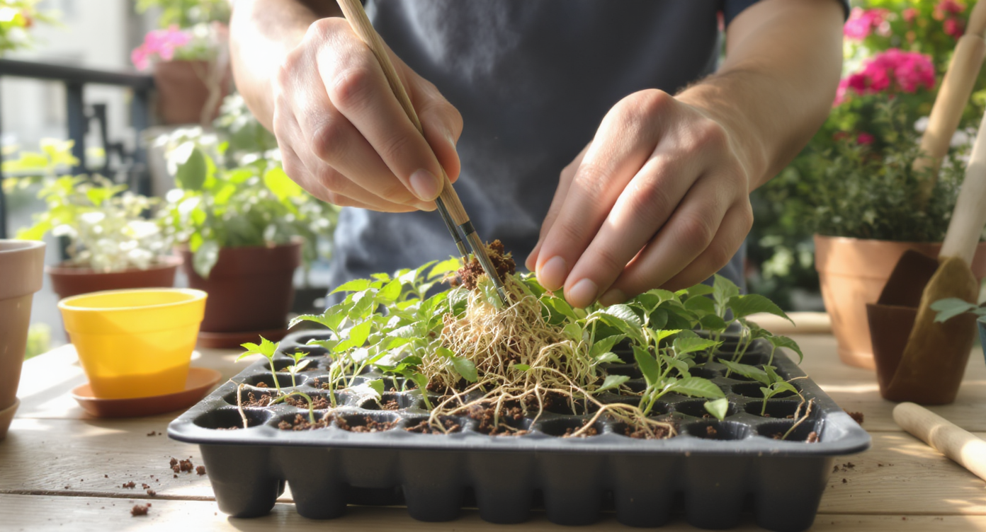 Hands gently separating tomato seedlings by the leaves, using a chopstick on a sunlit wooden table with pots and gardening tools nearby.