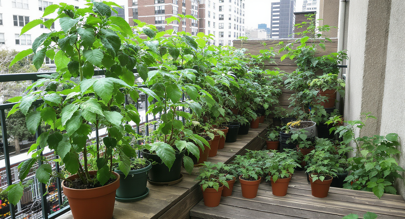 Urban balcony displays tumbler tomato plants in graduated containers, from small clay pots to large fabric pots and a hanging basket under warm sunlight.