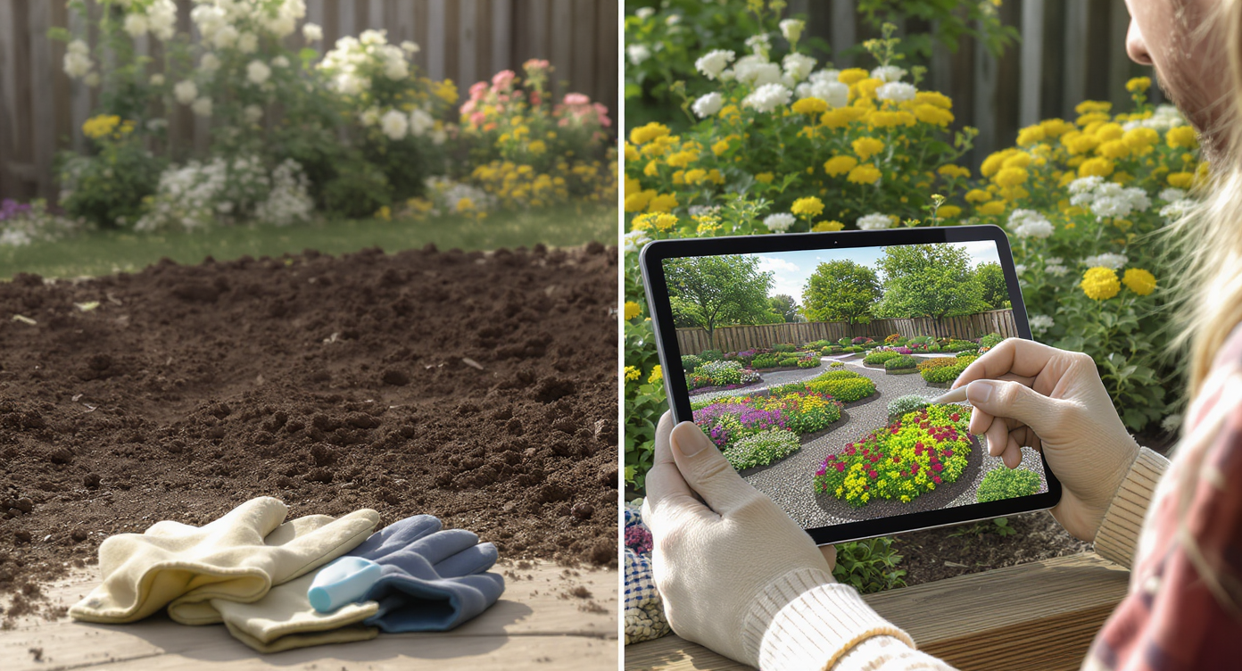 A homeowner views a tablet showing an AI landscaping preview beside a bare flower bed, comparing digital design to the real garden space.