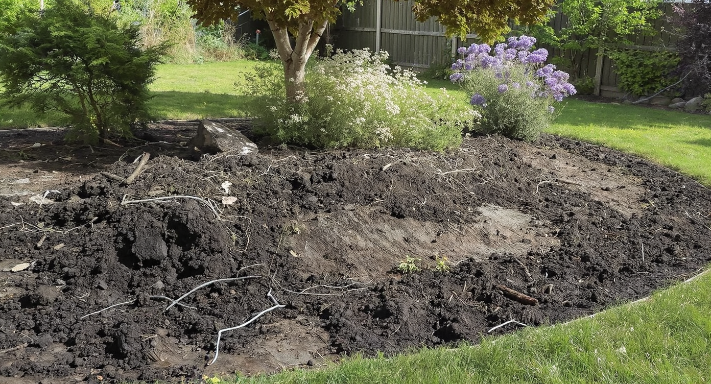 A homeowner kneels beside a backyard flower bed with uneven, patchy soil, exposed roots, and healthy plants under natural daylight.