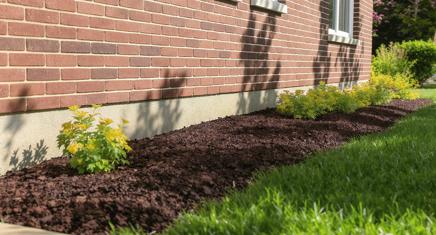 A flower bed sits several inches below the brick siding of a house, showing a clean gap that prevents moisture damage to the foundation.