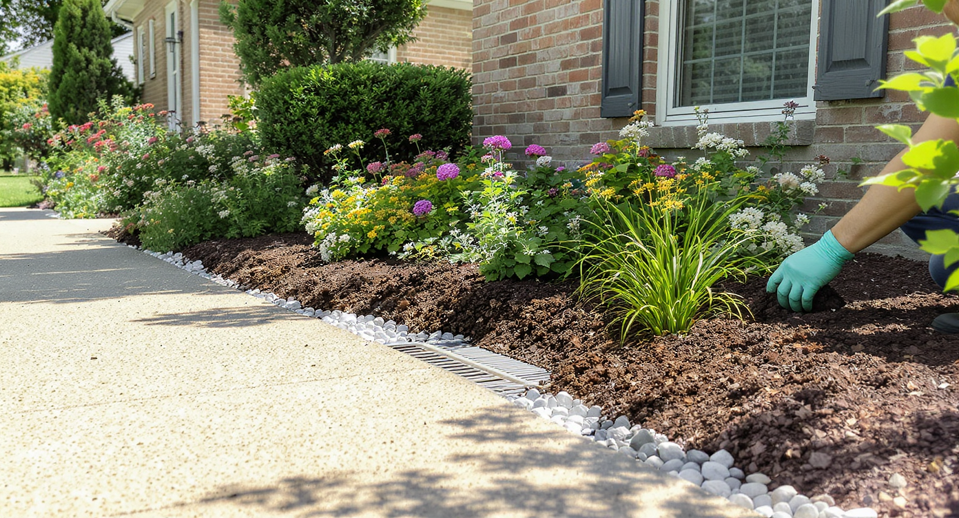 A realistic flower bed with mulch and blooming plants borders a walkway and brick house, featuring a gravel edge and French drain to aid drainage.