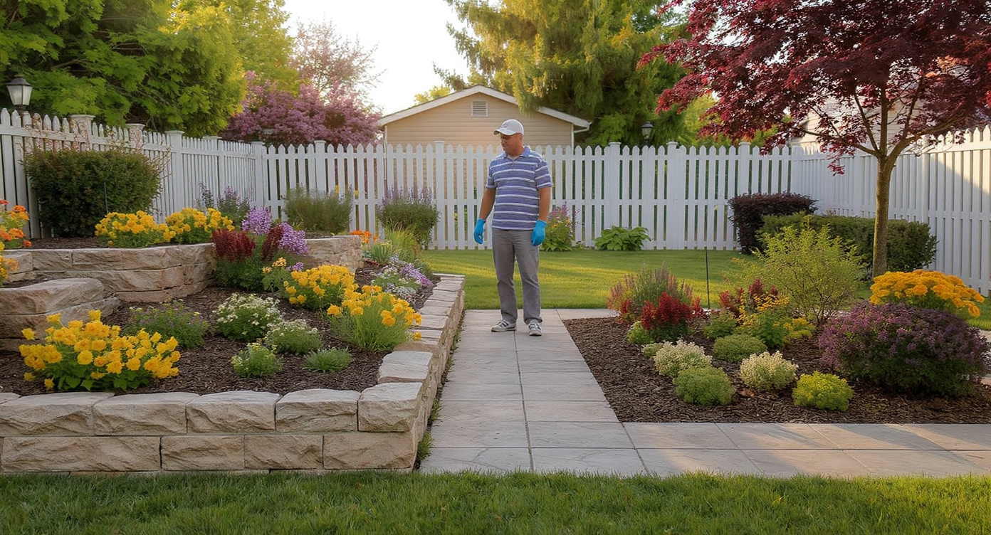 A homeowner compares two adjacent flower beds: one too elevated with eroded soil, the other gently sloped and well-integrated with lawn.