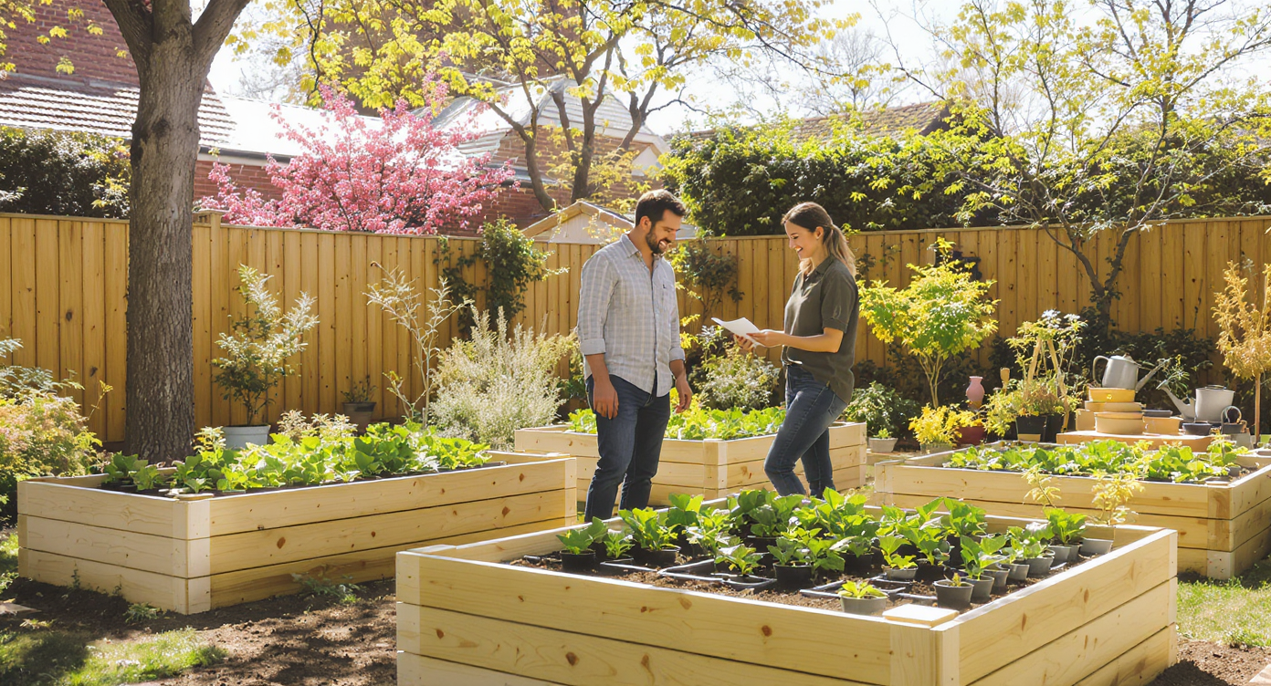 New homeowner plants young seedlings in tidy wooden raised beds under gentle spring sun, surrounded by gardening tools, fresh soil, and mature trees.