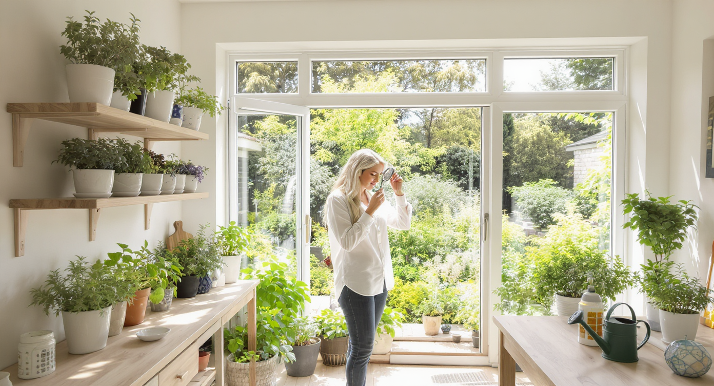 A woman examines leaves on indoor potted herbs with a magnifying glass in a sunlit room. Outdoor garden visible through large windows.