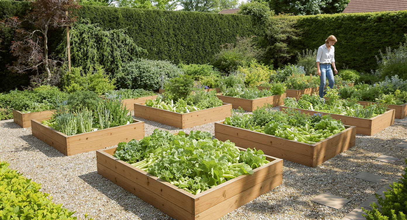A realistic garden with wooden raised beds, gravel pathways, and stepping stones, bordered by greenery, bathed in soft morning light. One person tends a bed, highlighting accessibility and organization.