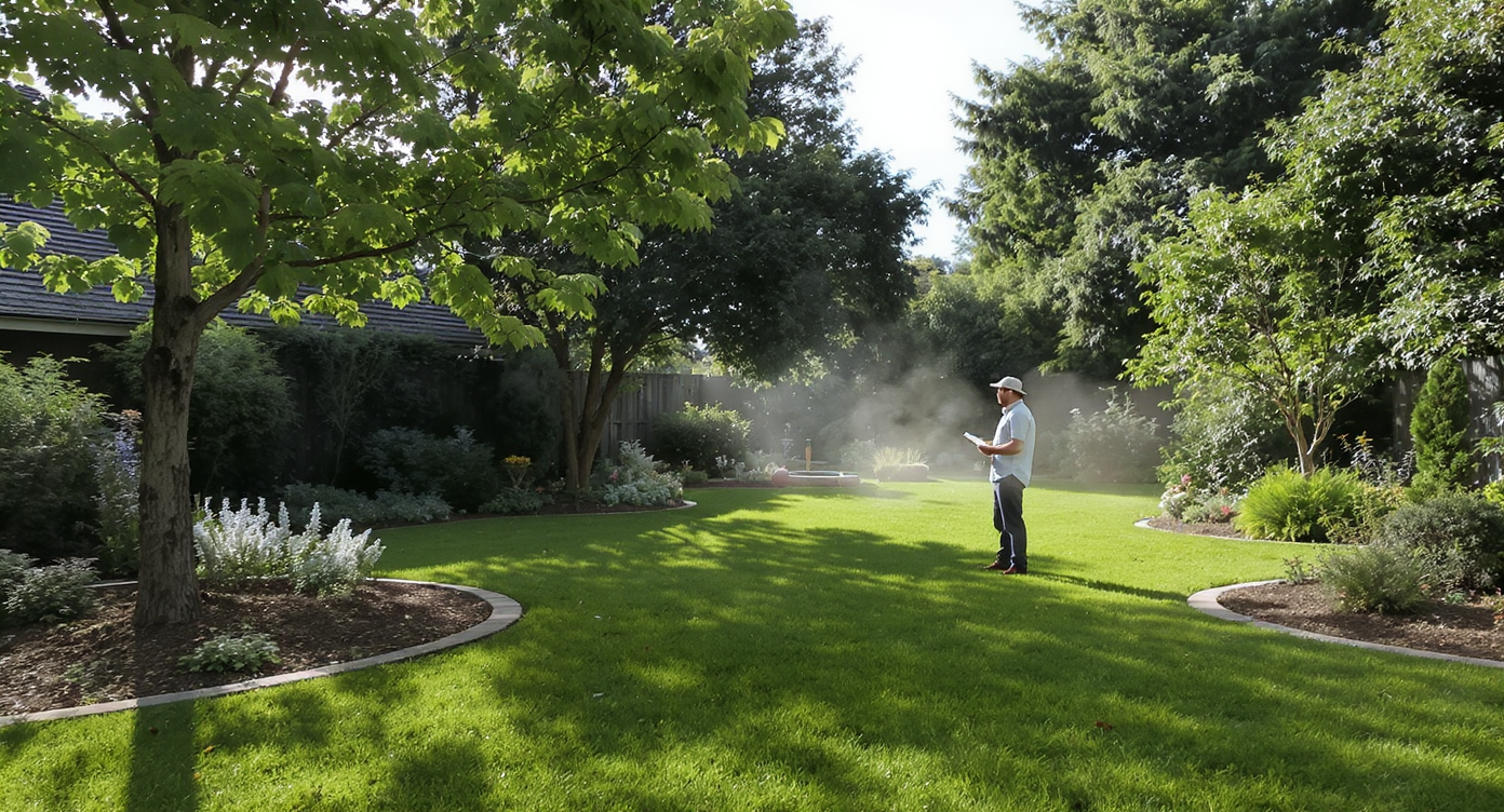 A realistic backyard garden with dappled sunlight and deep shade, a homeowner with a notebook observing morning light patterns across plants and lawn.