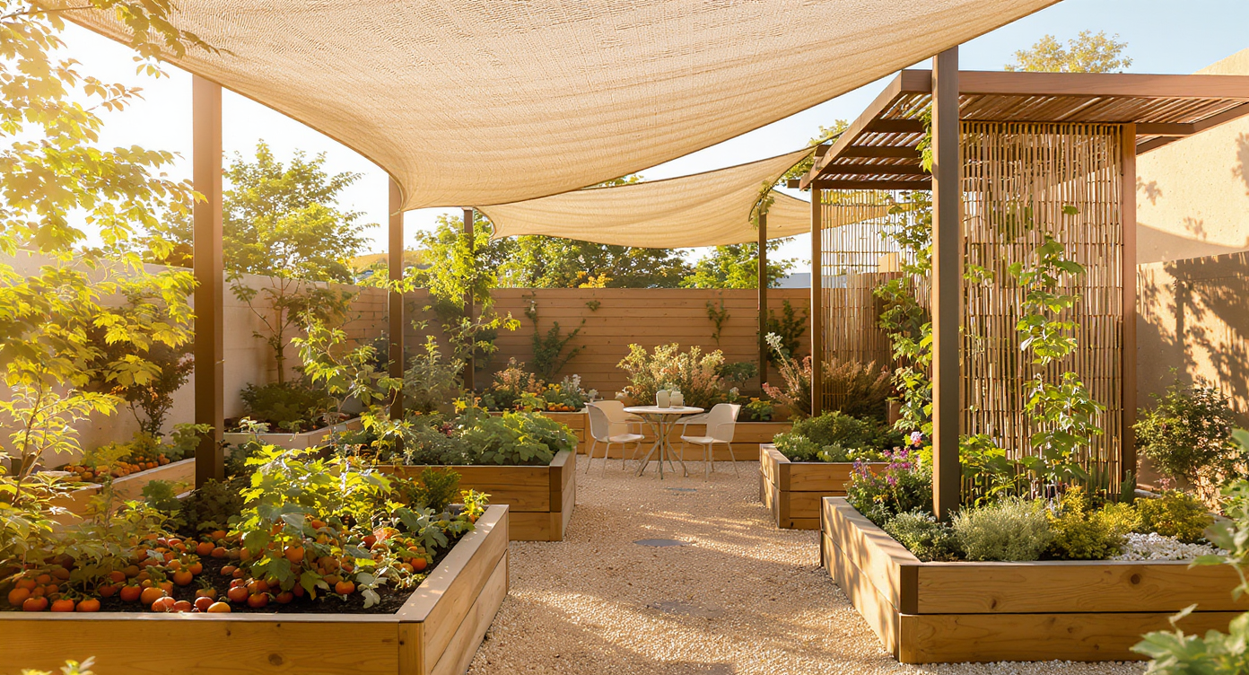 A realistic backyard vegetable garden in a sunny, arid climate with raised beds, shade sails, bamboo screens, and a cozy shaded seating area.