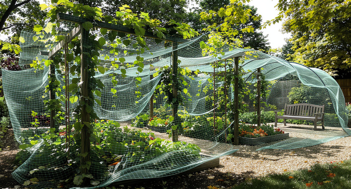 Lush vegetable garden with trellises, bean arches, and vertical netting casting dappled shade over crops and a small gravel seating zone.
