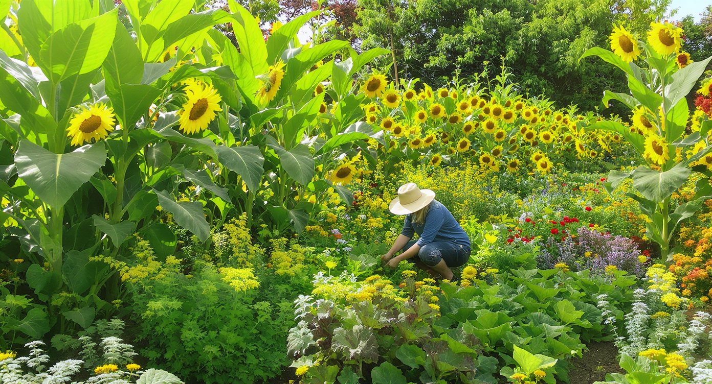A backyard vegetable garden uses tall sunflowers and corn as living shade canopies, sheltering leafy greens beneath their foliage in dappled sunlight.