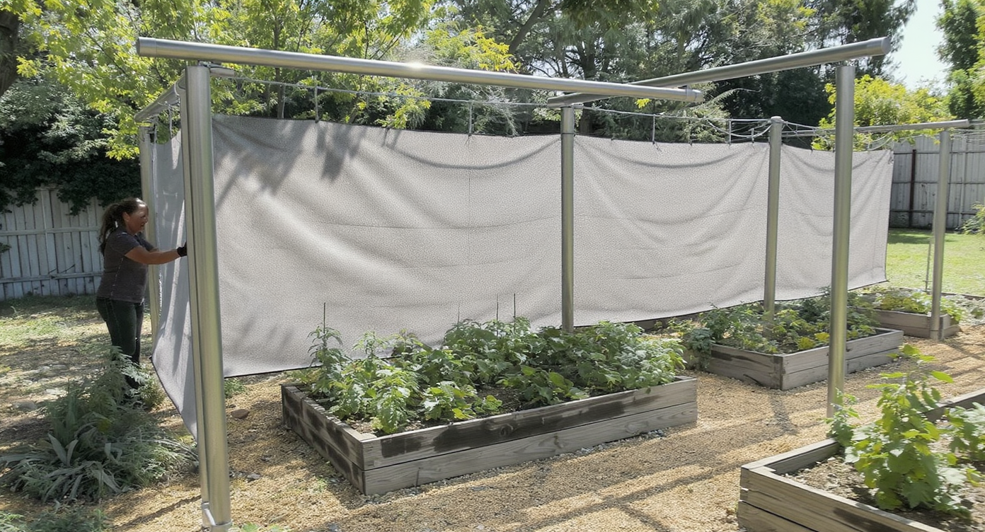 A vibrant garden with raised beds covered by taut gray shade cloth on metal frames, surrounded by mulch paths and leafy vegetable plants.